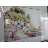 A watercolour of country cottage in flower garden signed Reg Willer