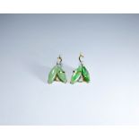 A pair of 18ct yellow gold jade and cultured pearl ear clips 3cms long