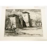 Alfred Hartley etching of trees, signed, together with etching of the tower of Malatesta Rimini,