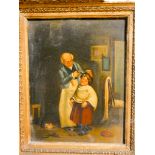 19th century oil on a tin panel depicting barber in gilt frame 17x12cms Frame as