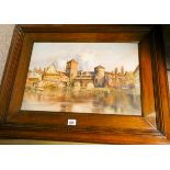 Burleigh Bruhl, watercolour of a Continental river bank scene, signed, 33cm X 49cm,