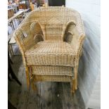 Three wicker tub shaped conservatory armchairs and three pine Windsor kitchen chairs