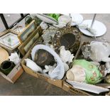 Four large boxes of glass, china, ornaments, meat plates, ginger jars,