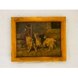 A late 19th century oil on canvas painting of three Billy goats in a farmyard, unsigned,