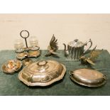 Two plated entree dishes, teapot, pickle jars,
