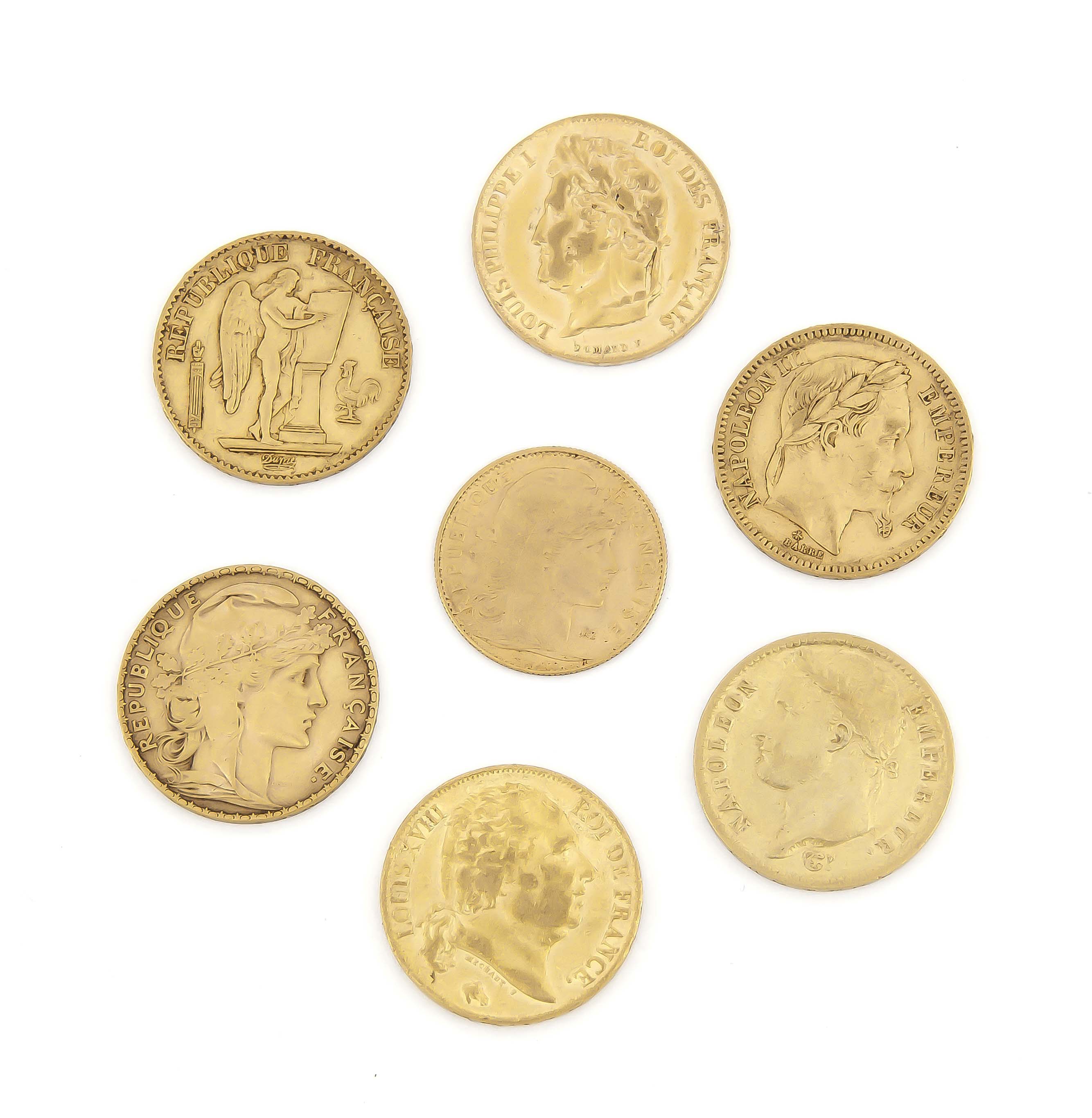 7 Goldmünzen Frankreich, 6x 20 Francs, 1813, 1819, 1840, 1865, 1878, 1906, 1x 10 Francs1906, zus.