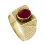 Rubin-Ring GG 750/000 mit einem ovalen Rubincabochon in guter Farbe 9,5 x 7,5 mm, RG 58,9,4 g