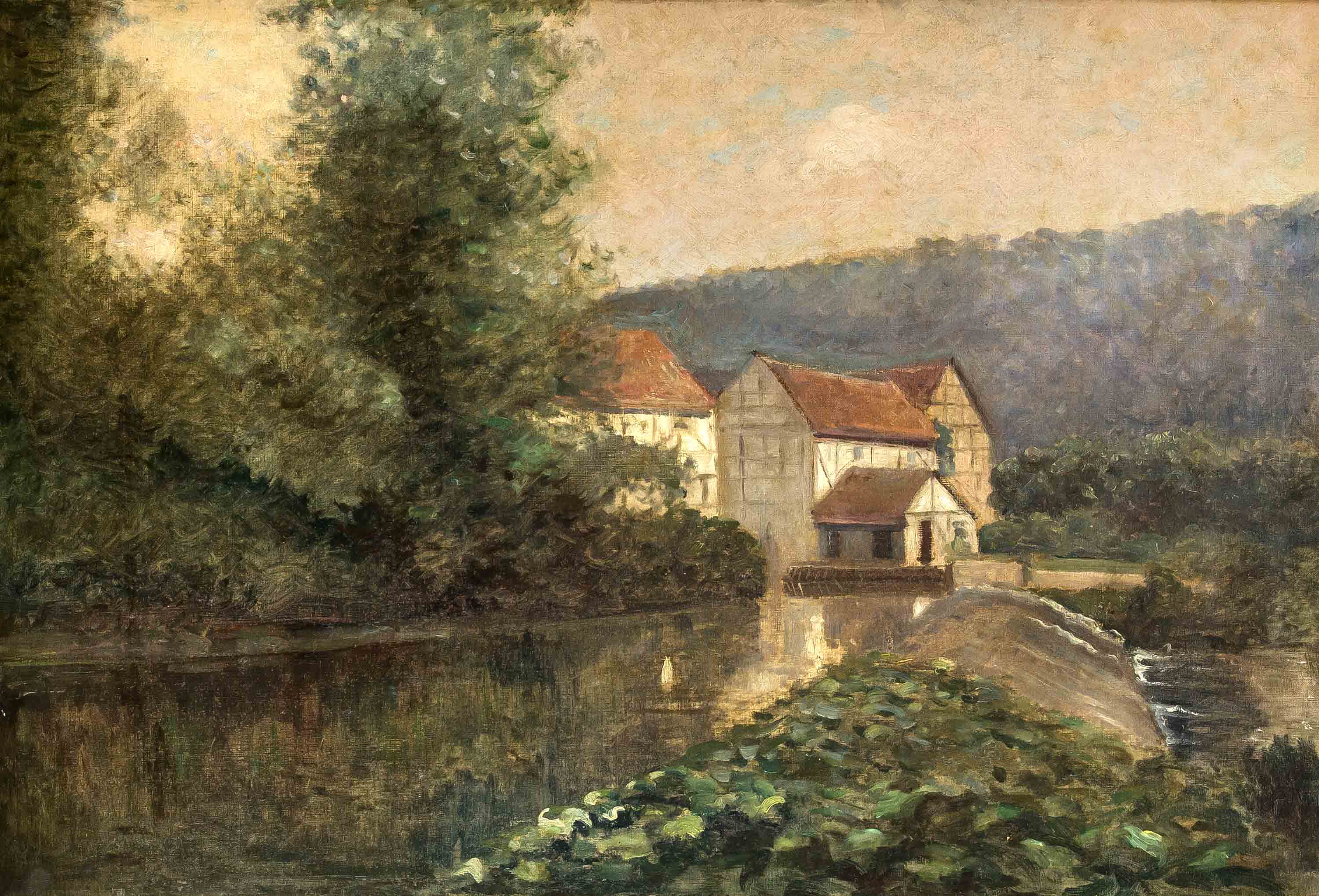 Klingelhöfer, Fritz. 1832 - Marburg - 1903. Wassermühle in Mitteldeutschland. Öl/Lw.,unsign. 57,5