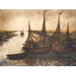 Paerels, Willem. 1876 Delft - 1962 Eigenbrakel. Fischerboote bei Sonnenuntergang. Gouacheüber