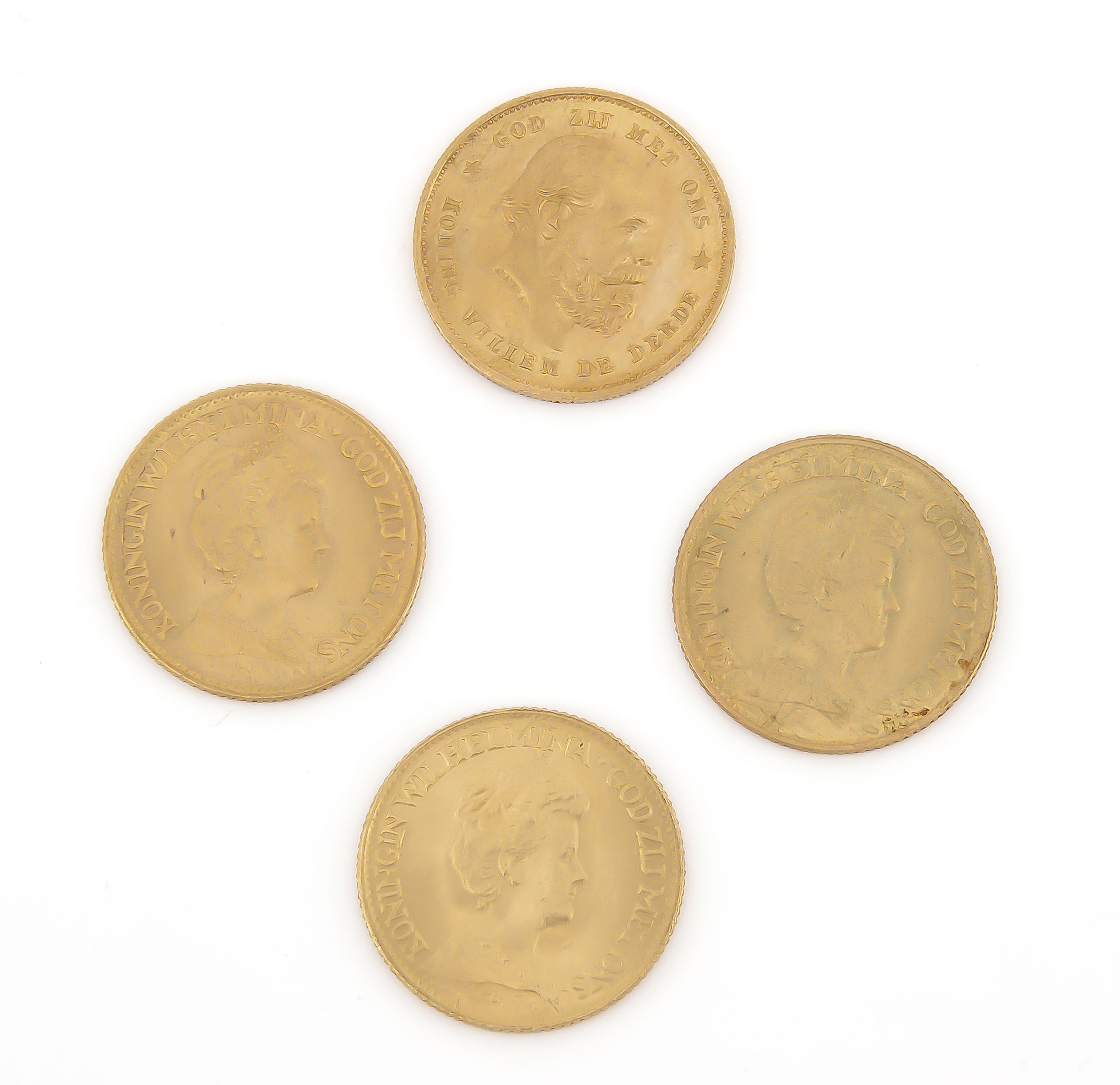 4 Goldmünzen Niederlande, 10 Gulden, 1877, 2x 1912, 1917, 24,2 g, sehr schön-vorzüglich