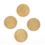 4 Goldmünzen Niederlande, 10 Gulden, 1877, 2x 1912, 1917, 24,2 g, sehr schön-vorzüglich