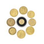 Konvolut aus 8 europäischen Anlage-Goldmünzen sowie einer Miniatur-Goldmedaille, Belgien20 Francs