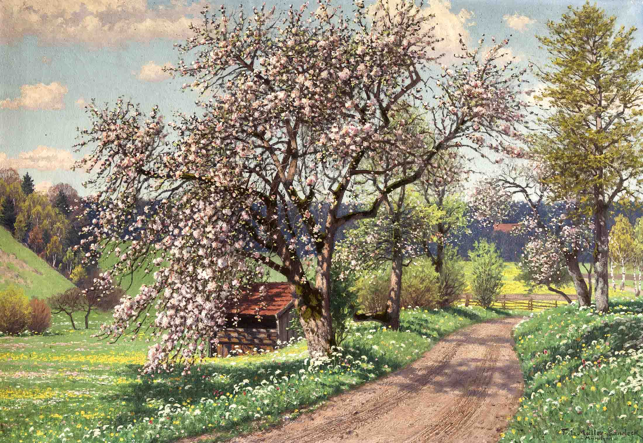 Müller-Landeck, Fritz. 1865 Pinnow - 1942 Lenggries. Frühlingslandschaft. Öl/Lw. Signiertu. Ortsbez.