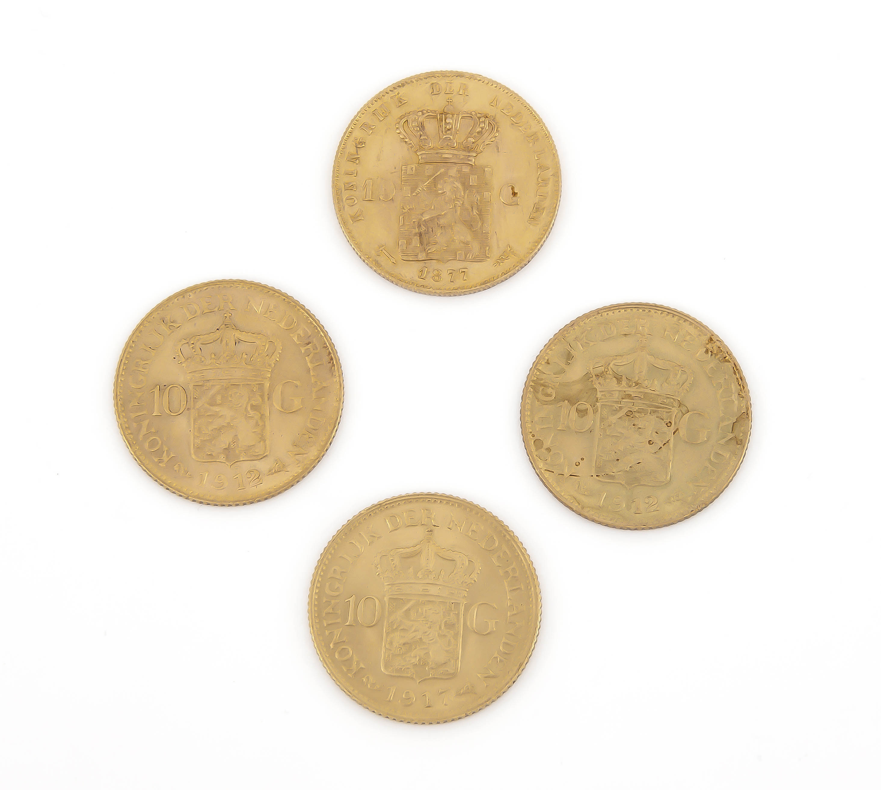 4 Goldmünzen Niederlande, 10 Gulden, 1877, 2x 1912, 1917, 24,2 g, sehr schön-vorzüglich - Image 2 of 2