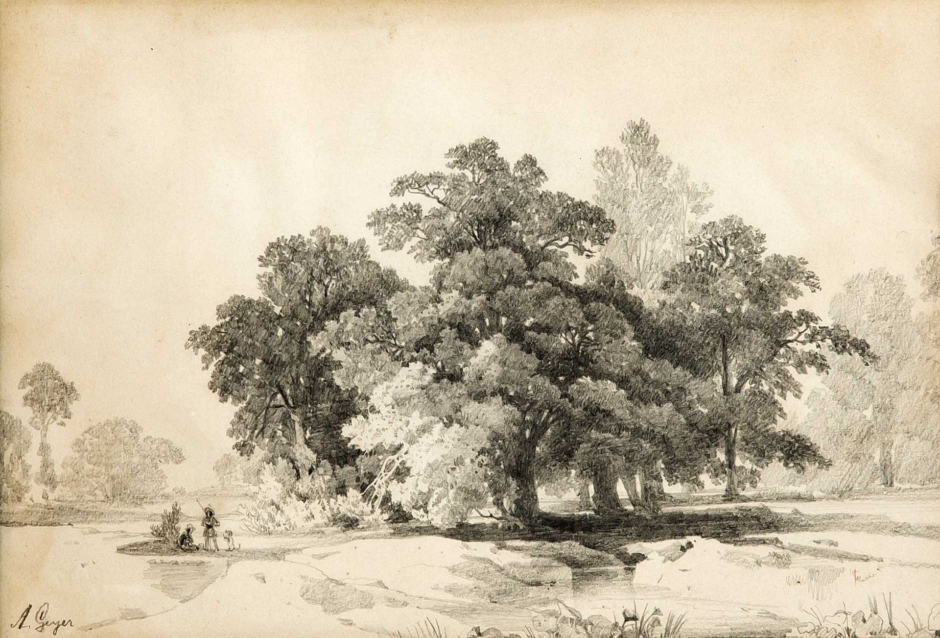 Geyer, Alexius. 1816 - Berlin - 1883. Reiseskizze: Landschaft mit imposanter Baumgruppe.Bleistift.
