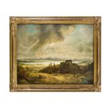 Landschaftsmaler, um 1900. Blick auf weite Seelandschaft mit Gebirgszug in der Ferne.Öl/Lw. 67,5 x