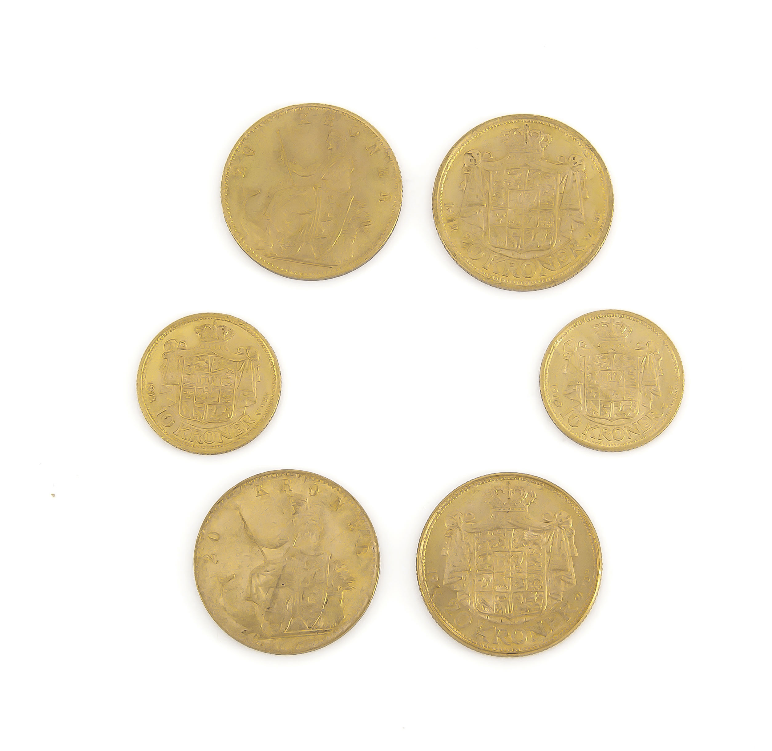 Dänemark, 4 x 20 Kronen 1876, 1890, 1912, 1914, 2 x 10 Kronen 1909, 1913, zus. 40,3 g,sehr schön bis - Image 2 of 2