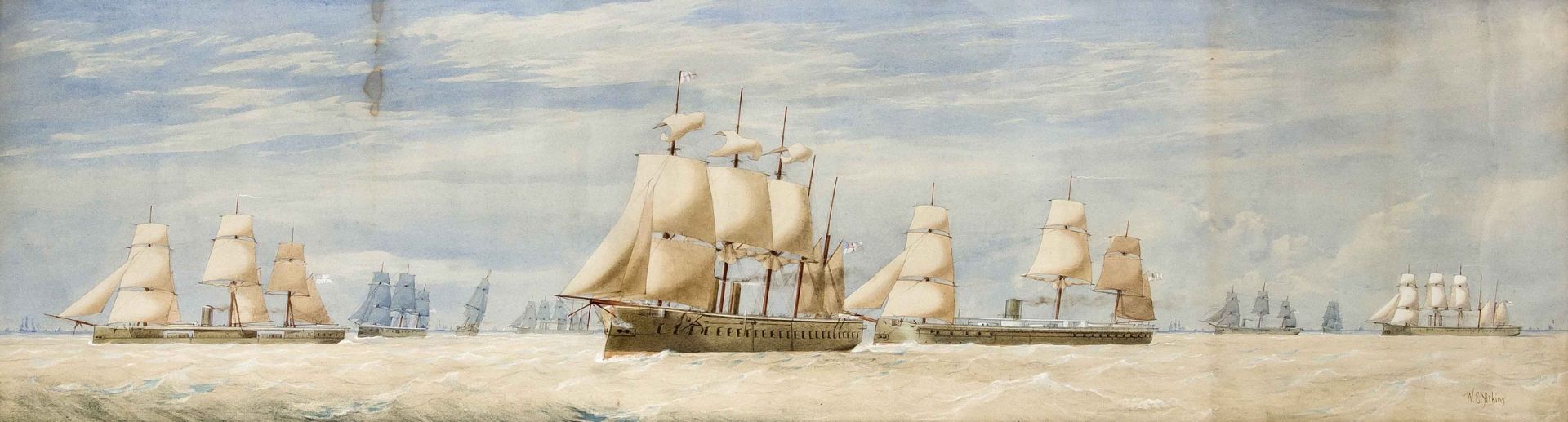 Atkins, William Edward. Um 1842 - Portsmouth - 1910. Segeldampfer unter englischer Flagge.Aquarell