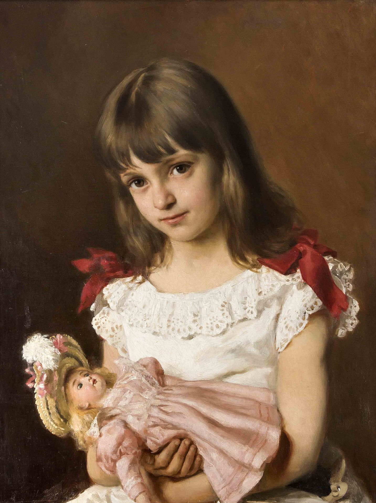Tschautsch, Albert. 1843 Seelow - 1922 Berlin. Porträt eines Mädchens mit Puppe. Öl/Lw.1895.