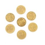 7 Sovereigns, Großbritannien, 1880, 1891, 1897, 1911, 1925, 2x 1966, zus. 51,24 g, sehrschön bis