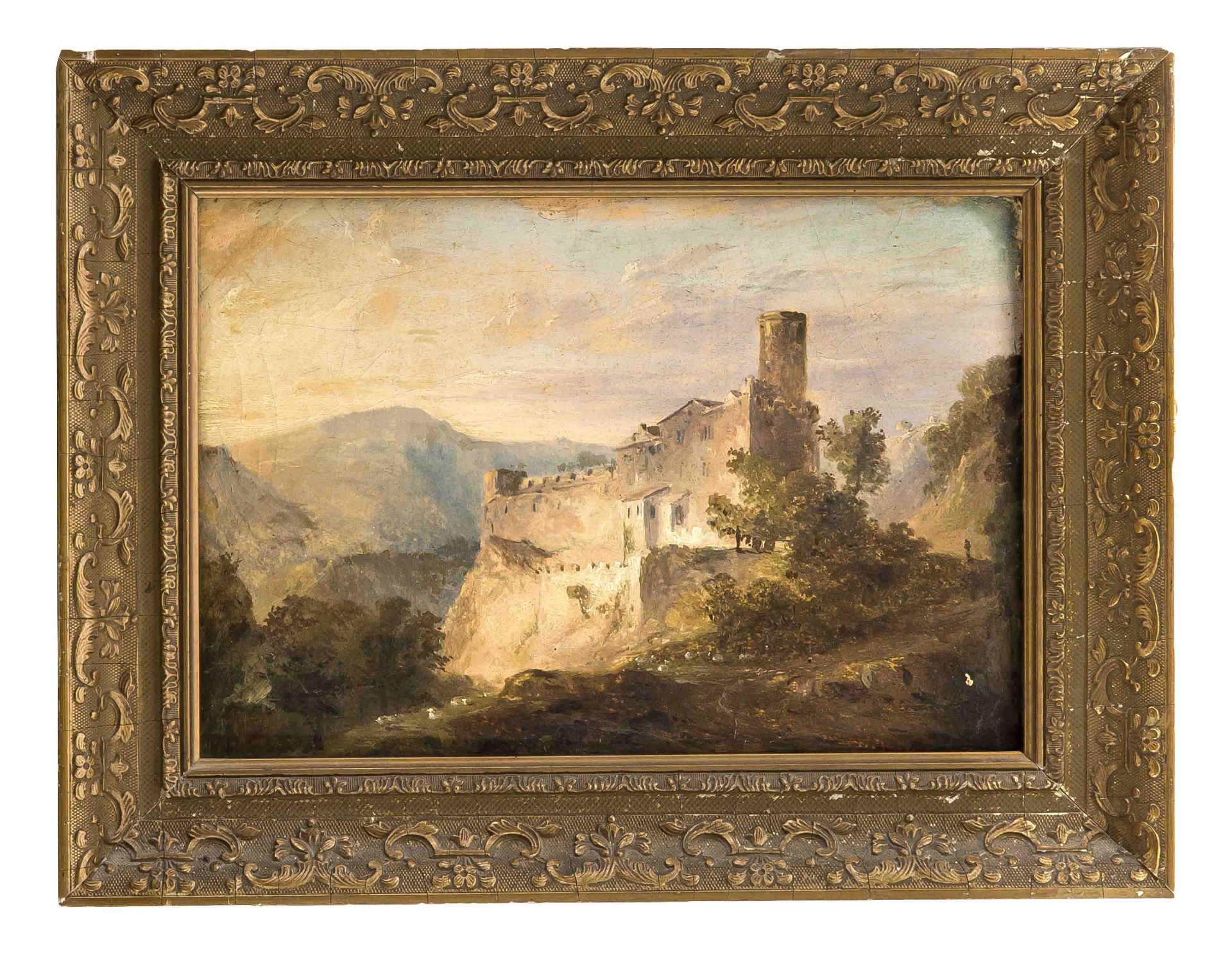 Landschaftsmaler des 19. Jhrds. Große Burganlage vor Gebirgspanorama. Öl/Holz. 16,5 x 24cm / R. 25 x