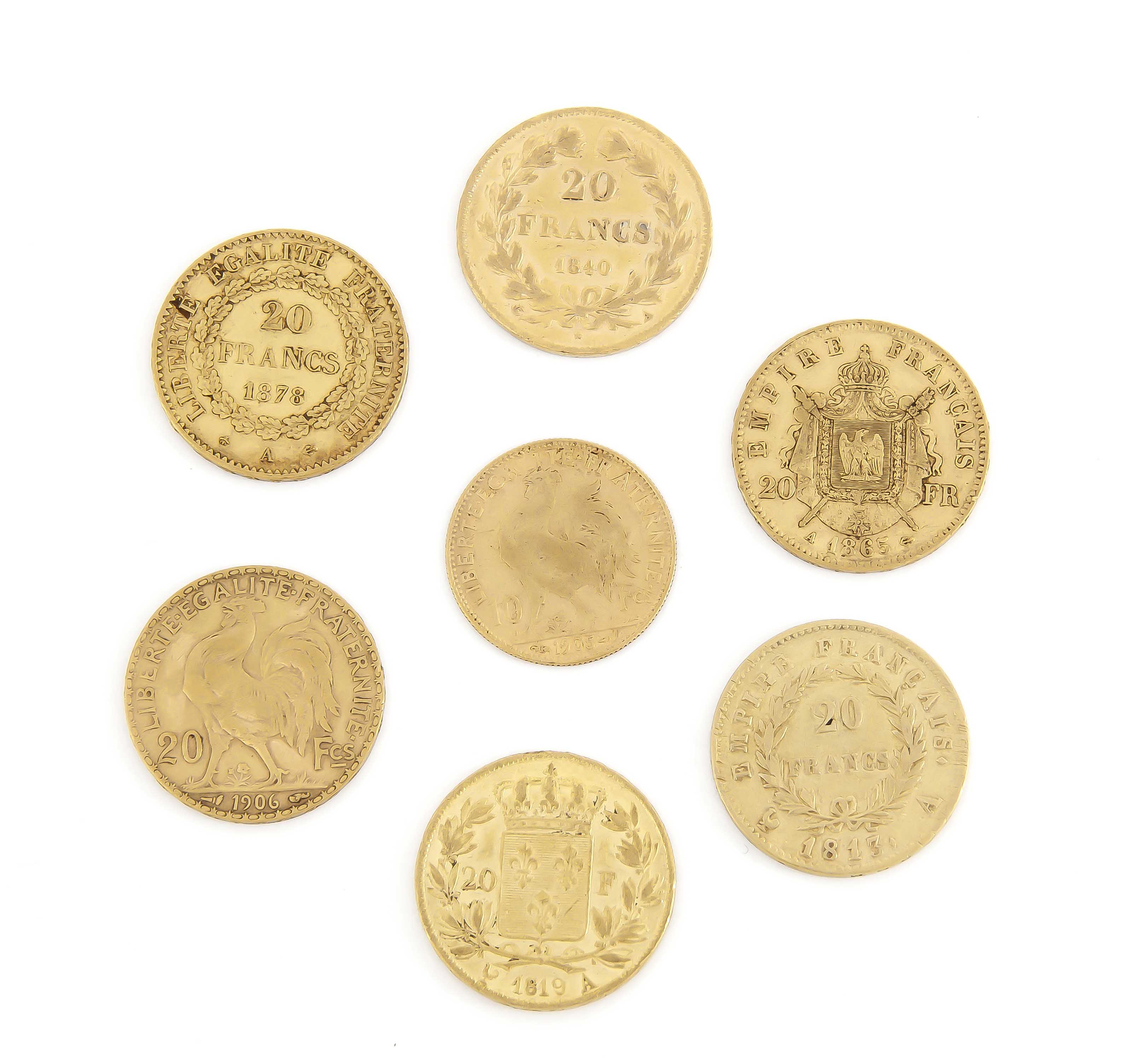 7 Goldmünzen Frankreich, 6x 20 Francs, 1813, 1819, 1840, 1865, 1878, 1906, 1x 10 Francs1906, zus. - Image 2 of 2