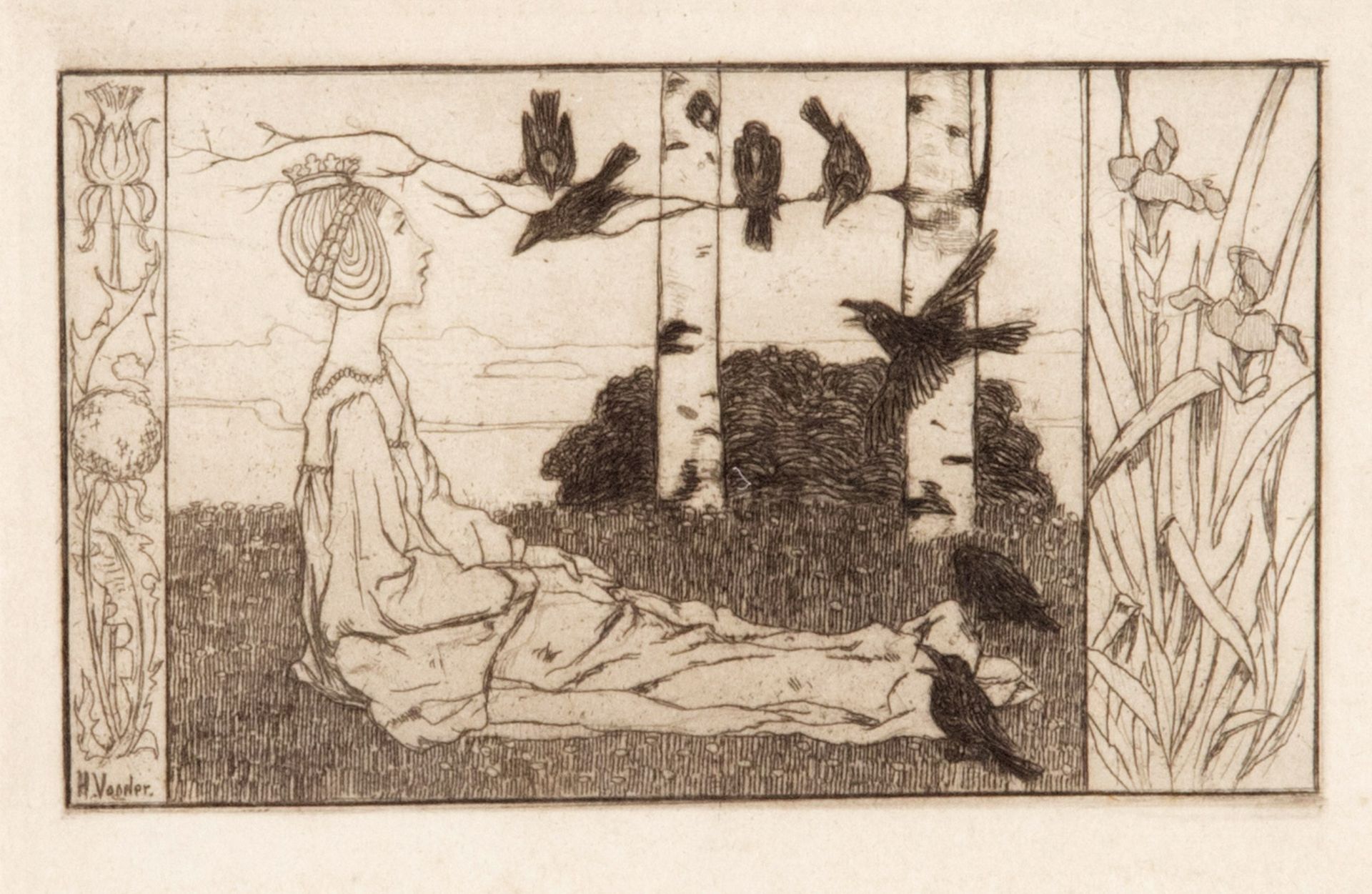 Vogeler, Heinrich. 1872 Bremen - 1942 Kasachstan. "Die sieben Raben". 1897. Radierung.7,8 x 13,5