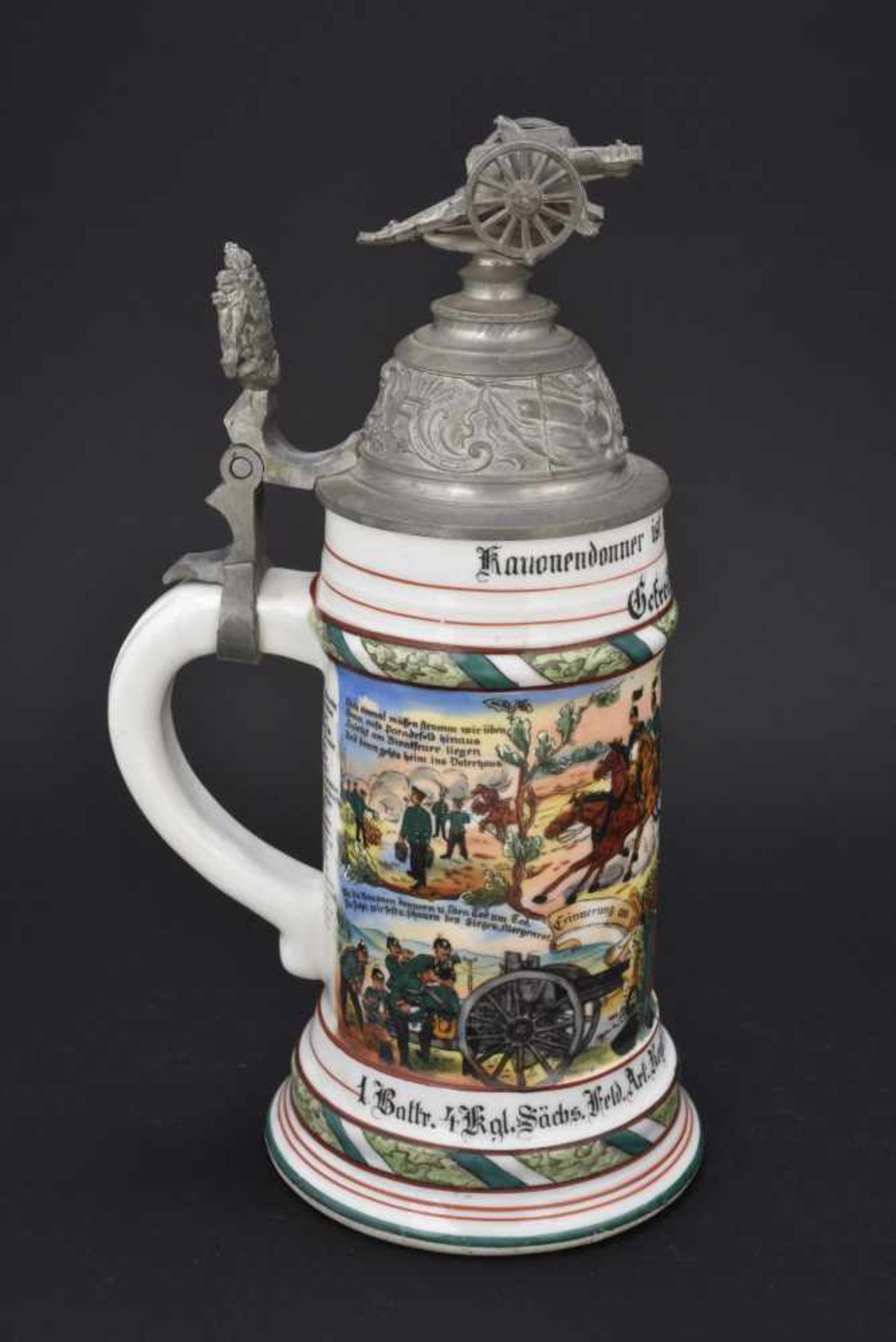 Chope du 1 Battr 4 Kgl Sächs Feld Art Regt N°48 Dresden En porcelaine blanche d'1/2 litre, richement - Bild 4 aus 4