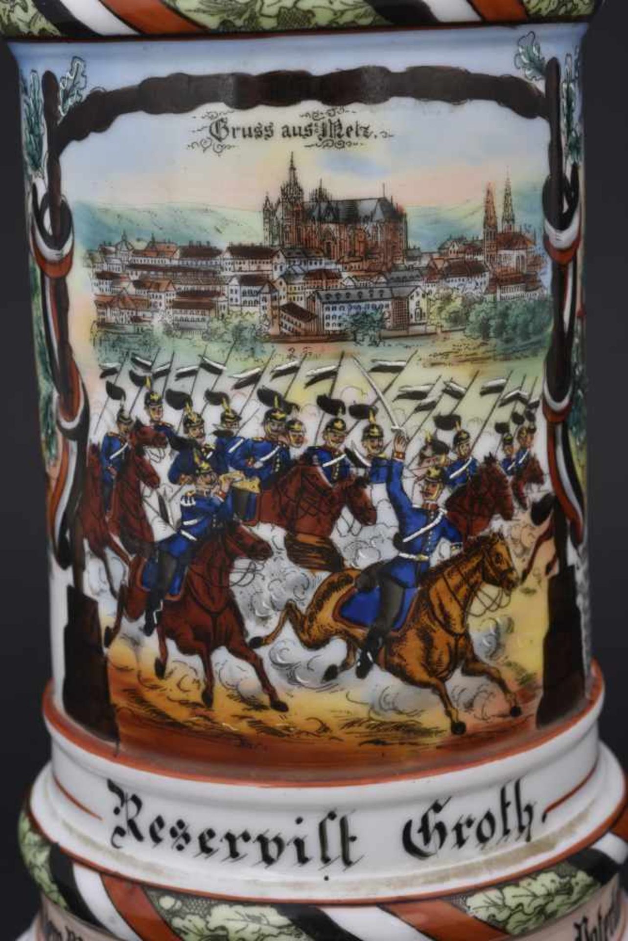 Chope du Schlesw.Holst.Drag.Regt N°13 Metz En porcelaine blanche d'1/2 litre, richement décorée. - Bild 2 aus 4