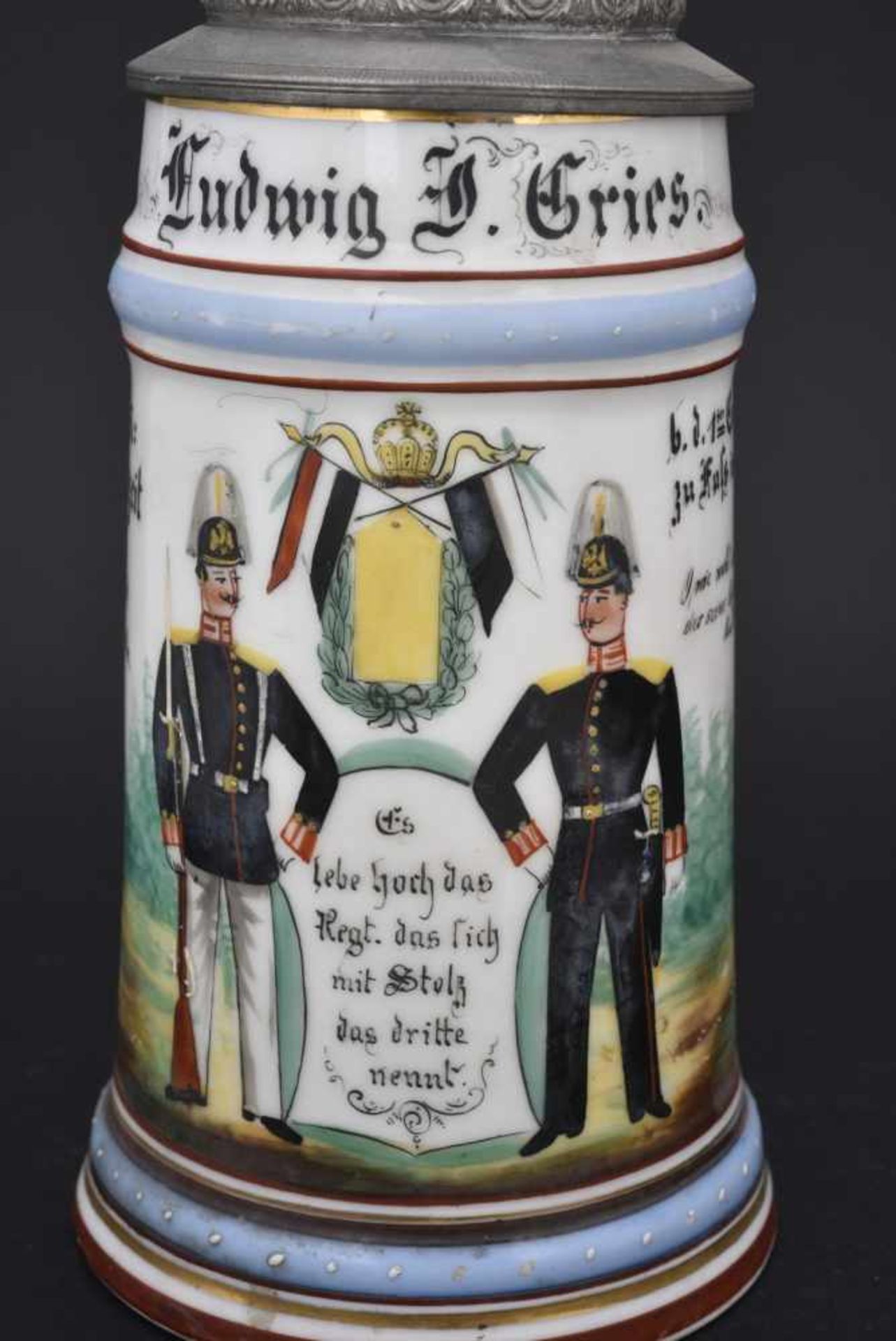 Chope du 1ten Comp 3 Garde Regt Zu fuss in Berlin En porcelaine blanche d'1/2 litre, richement - Bild 2 aus 4