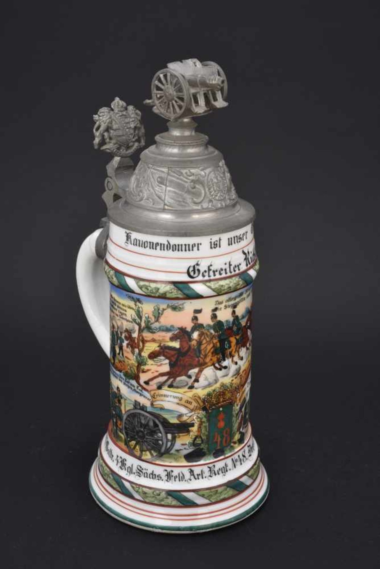 Chope du 1 Battr 4 Kgl Sächs Feld Art Regt N°48 Dresden En porcelaine blanche d'1/2 litre, richement - Bild 3 aus 4