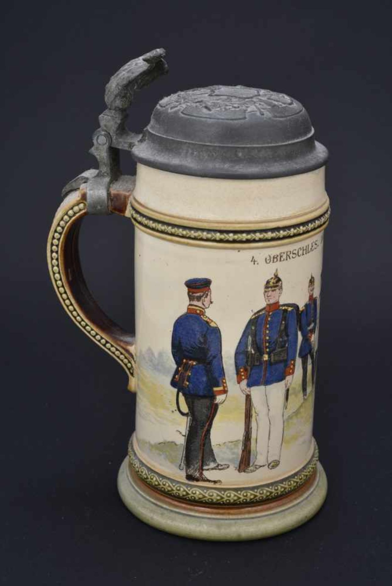 Chope 4 Oberschles Inf Regt nr 63 En mettlach d'1/2 litre. Couvercle décoré. Marquages au fond - Bild 2 aus 4