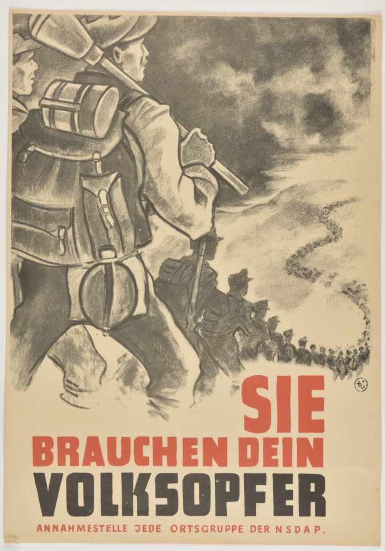 Affiche allemande Sie brauchen dein Volksopfer. Annahmestelle jede Ortsgruppe der NSDAP.