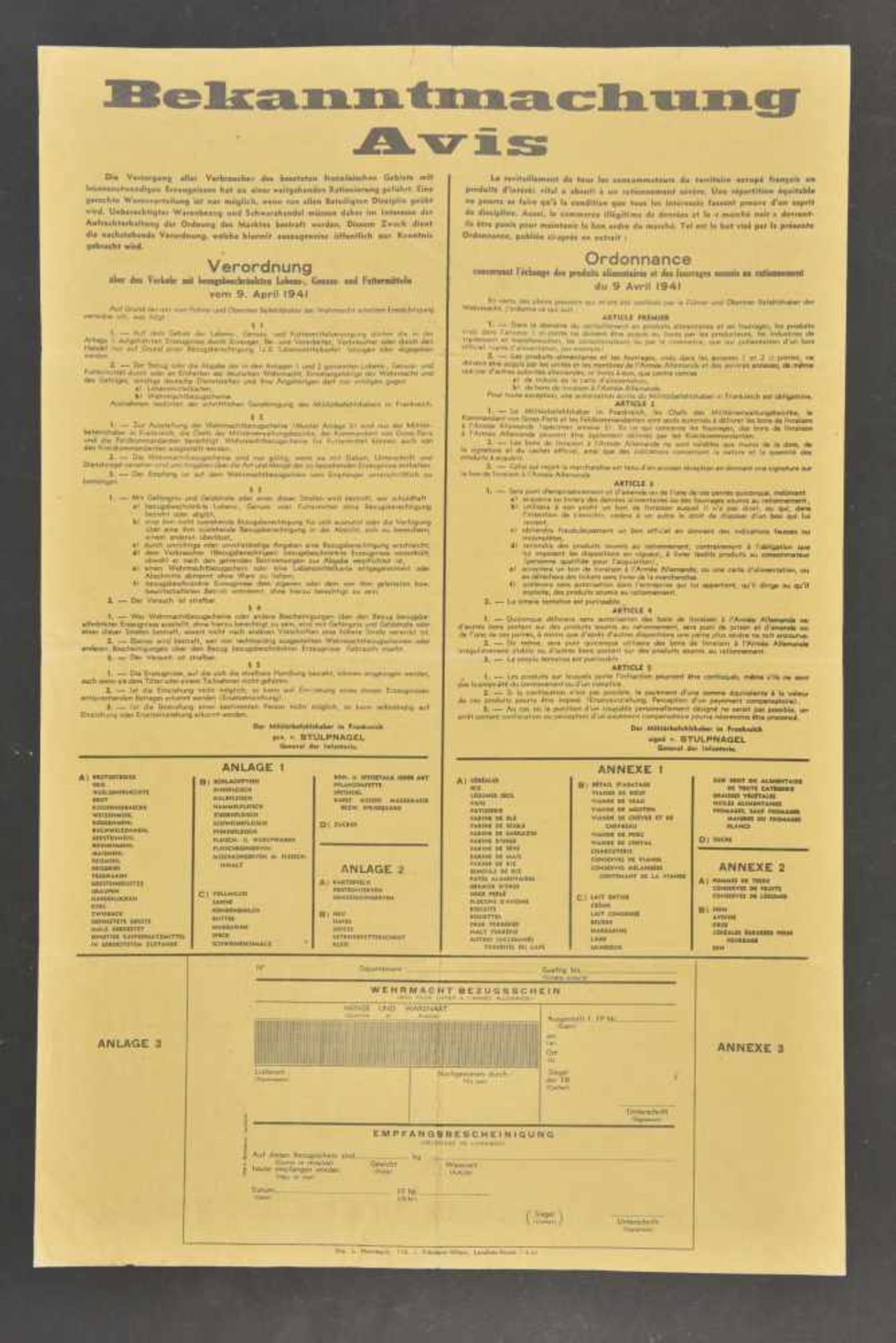 Avis concernant le ravitaillement Bilingue français/allemand imprimé par L. Mannequin à Levallois