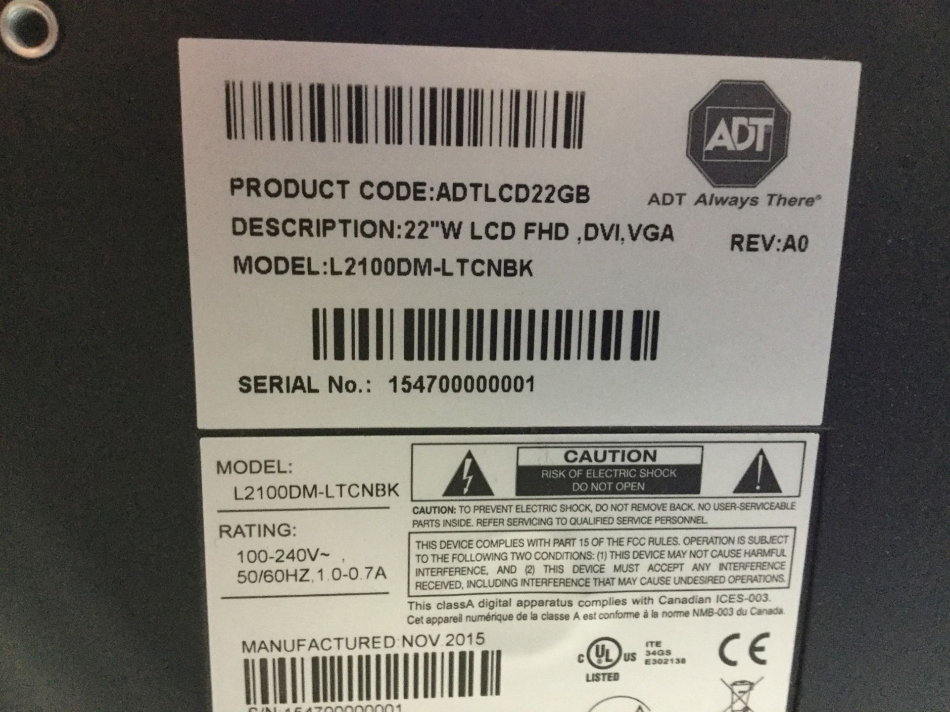 MONITORS X 4 - DELL MODEL NO. 1707FPt; ADT MODEL NO. L2100DM-LTCNBK, S/N: 154700000001; 2005 LG - Image 3 of 5