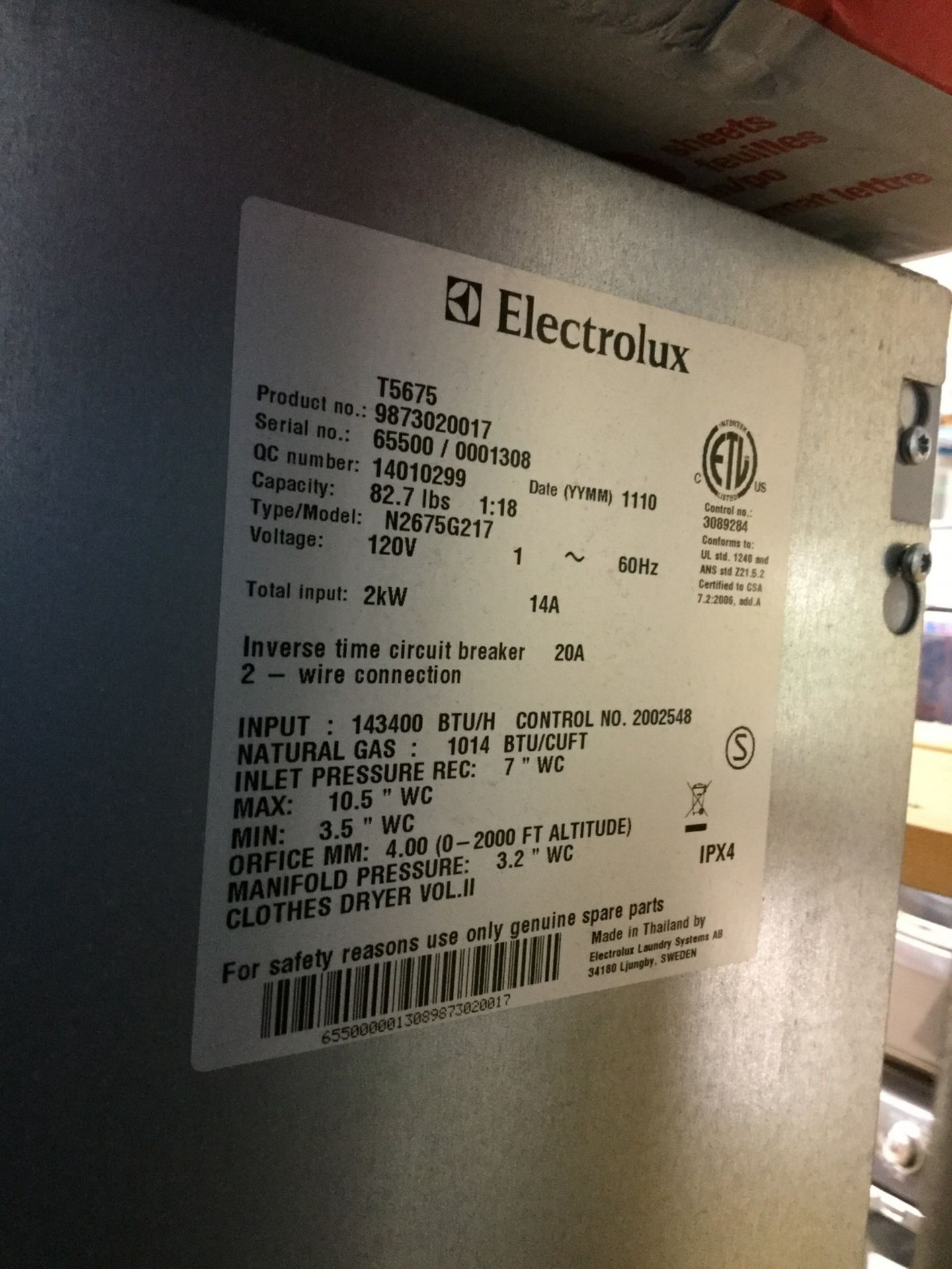 1 X ELECTROLUX - NATURAL GAS COMMERCIAL DRYER - MODEL # T5675 - Image 3 of 4