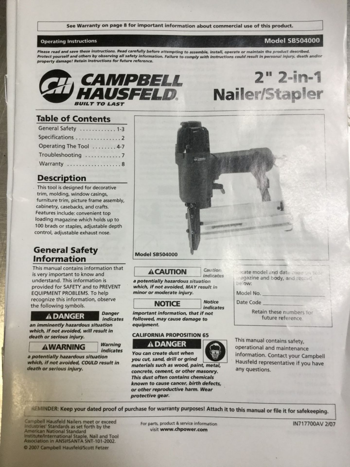 1 X CAMPBELL HAUSFELD - NUMATIC 2" TWO IN ONE NAILER/STAPLER - MODEL # SB5040000 - Image 2 of 3