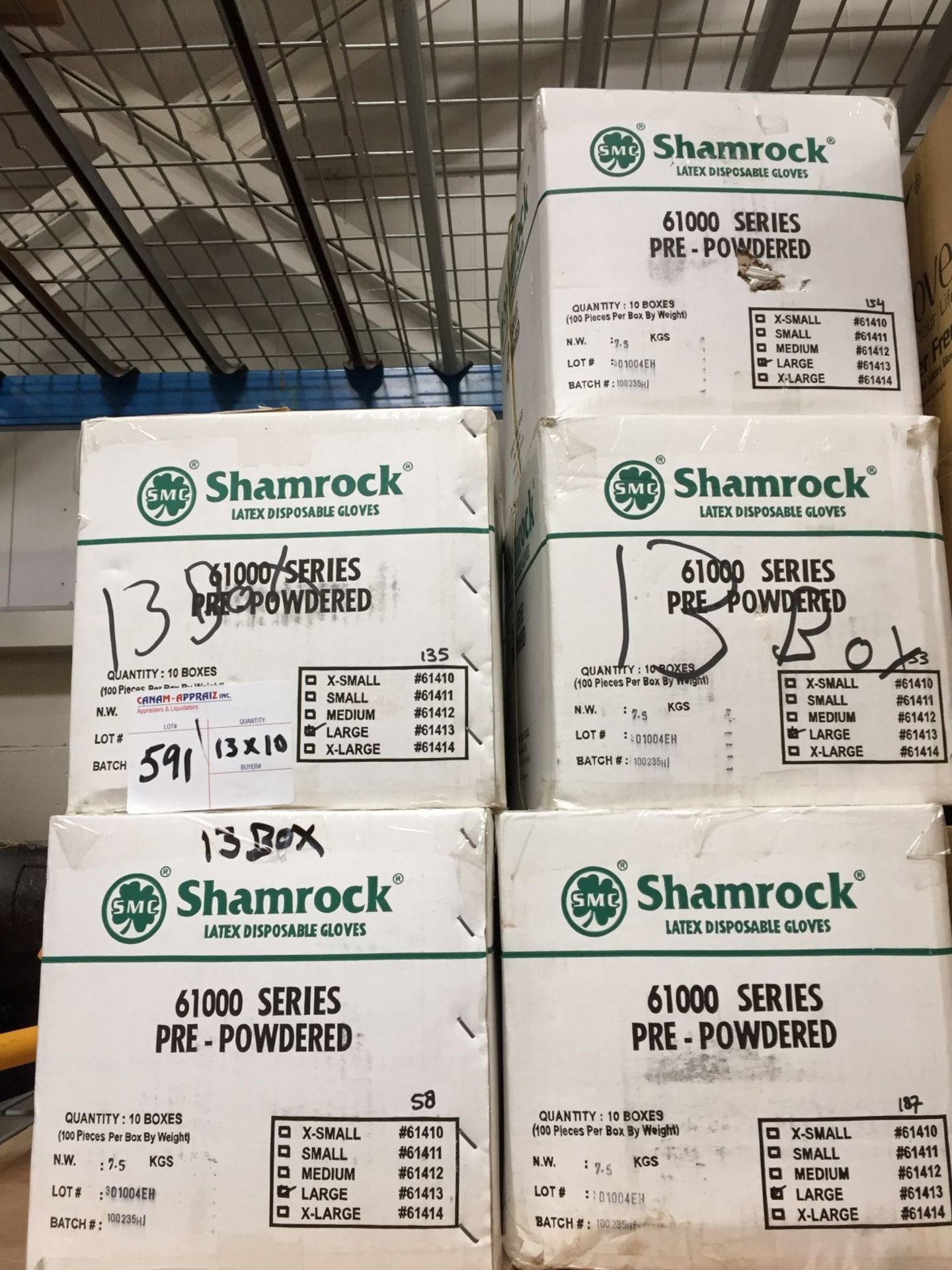 13 X SHAMROCK - 10 BOXES X 100 LATEX 61000 SERIES PRE POWDERED LARGE GLOVES - MODEL # 61413