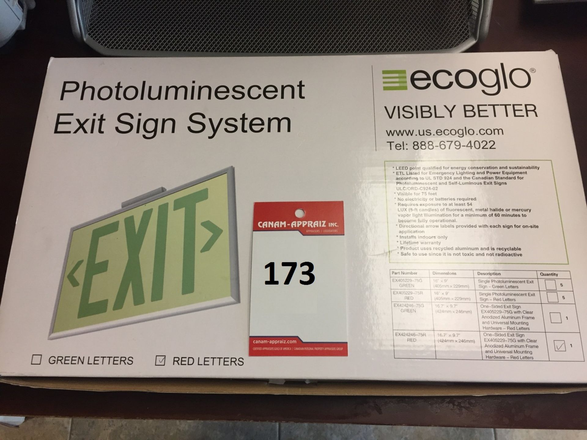1 X ECOGLO - PHOTO-LUMINESCENT EXIT SIGN SYSTEM