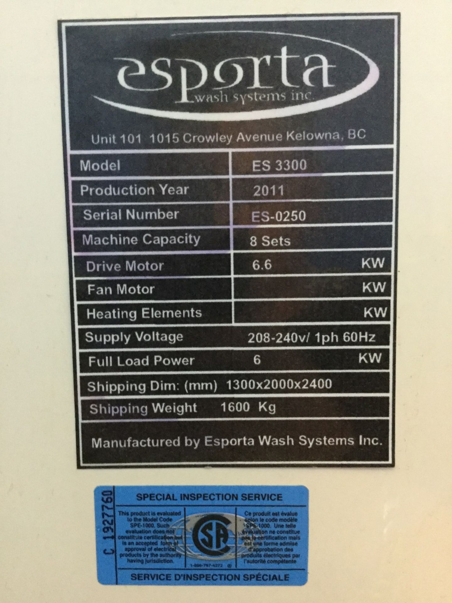 1 X ESPORTA WASH SYSTEMS -INDUSTRIAL WASHING MACHINE - MODEL # ES-3300 - Image 4 of 4