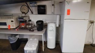 Lot including refrigerator, water cooler, (2) coffee makers, cooler, microwaves, etc.