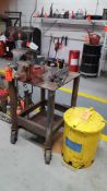 Lot contains (1) portable steel table with 5" swivel bench vise, (1) 8" metal swivel bench vise, (1)