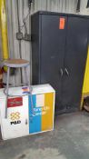 Lot includes refrigerator, metal storage cabinet, parts cabinet, and shop stool