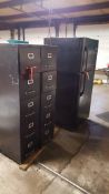 Lot of assorted office furniture including upright refrigerator/freezer, (1) lateral filing cabinet,