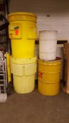 Lot of assorted spill containment barrels, trash receptacles, etc.