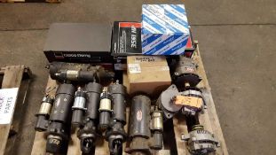 Lot of assorted new and used truck starters, alternators, etc.