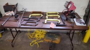 Lot of assorted tools including air tank, C clamps, paint mixers, quartz lights, air and hydraulic h