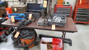 Lot includes Ridgid shop vac, Makita chop saw, skilsaw, (3) grinders, and battery operated electric