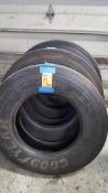 Lot of (4) Bridgestone/Goodyear assorted used tires, no rims, including (4) Bridgestone 11R22.5, and