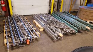Lot of assorted (14) sections skate conveyor, (2) pallet rack uprights and (6) beams
